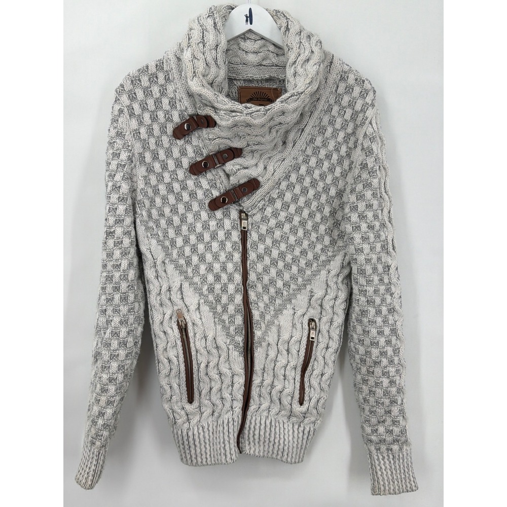 Leif Nelson Mens Gray Cable Knit Cardigan Sweater Asymmetric Buckle Zip Small